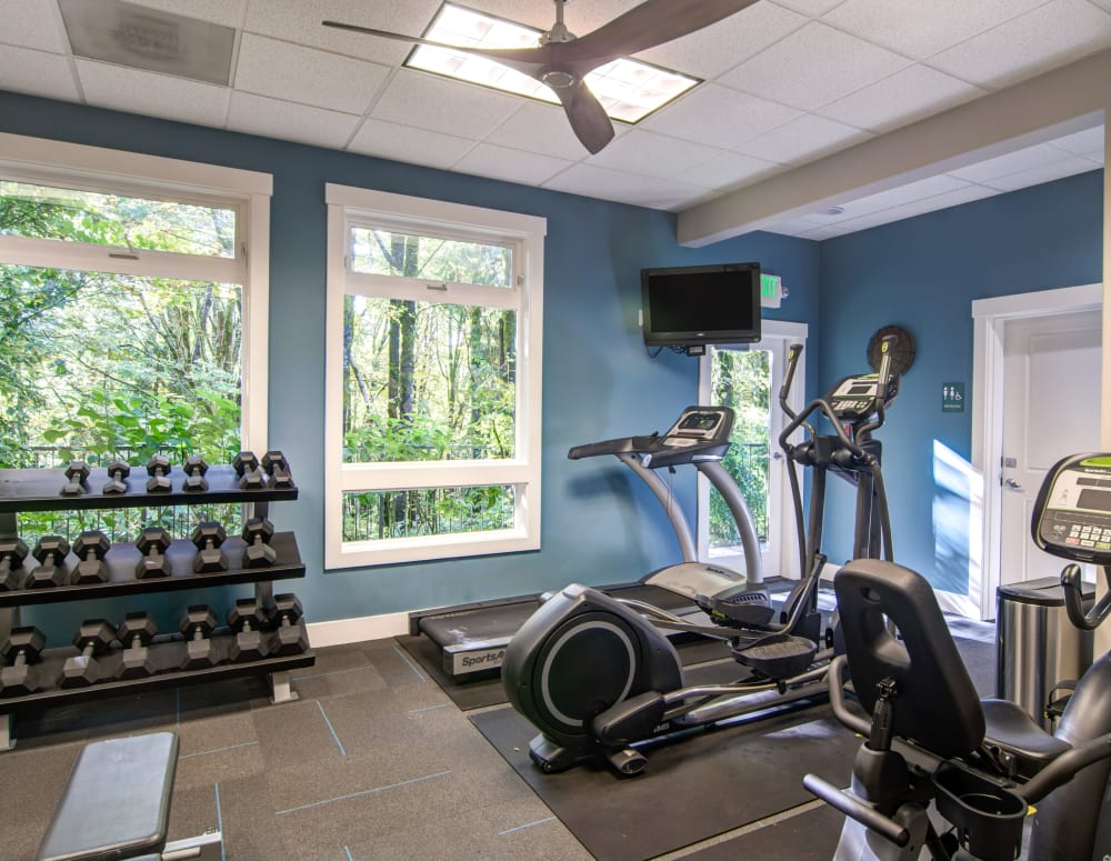 Fitness center with a view of the surrounding forest at Sofi at Forest Heights in Portland, Oregon