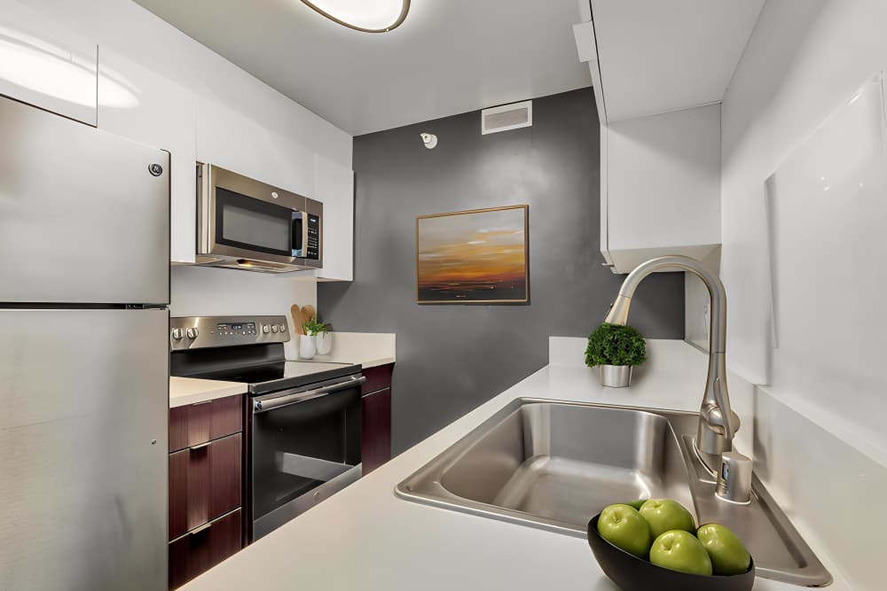 hallway kitchen in an apartment at Promenade Towers in Los Angeles, California
