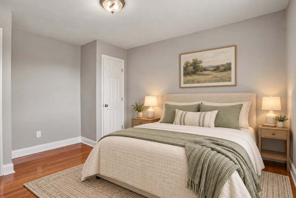 Staged bedroom at Elmwood Village Apartments & Townhomes in Elmwood Park, New Jersey