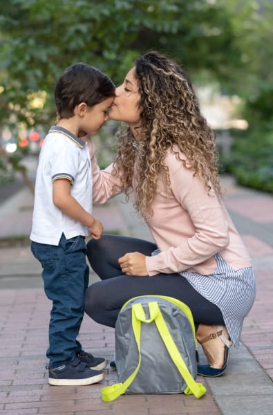 A mom taking her son to school in Pomona, New York near The Henry