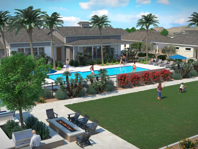 Low aerial rendering of our pool and community activity area at Peralta Vista in Mesa, Arizona