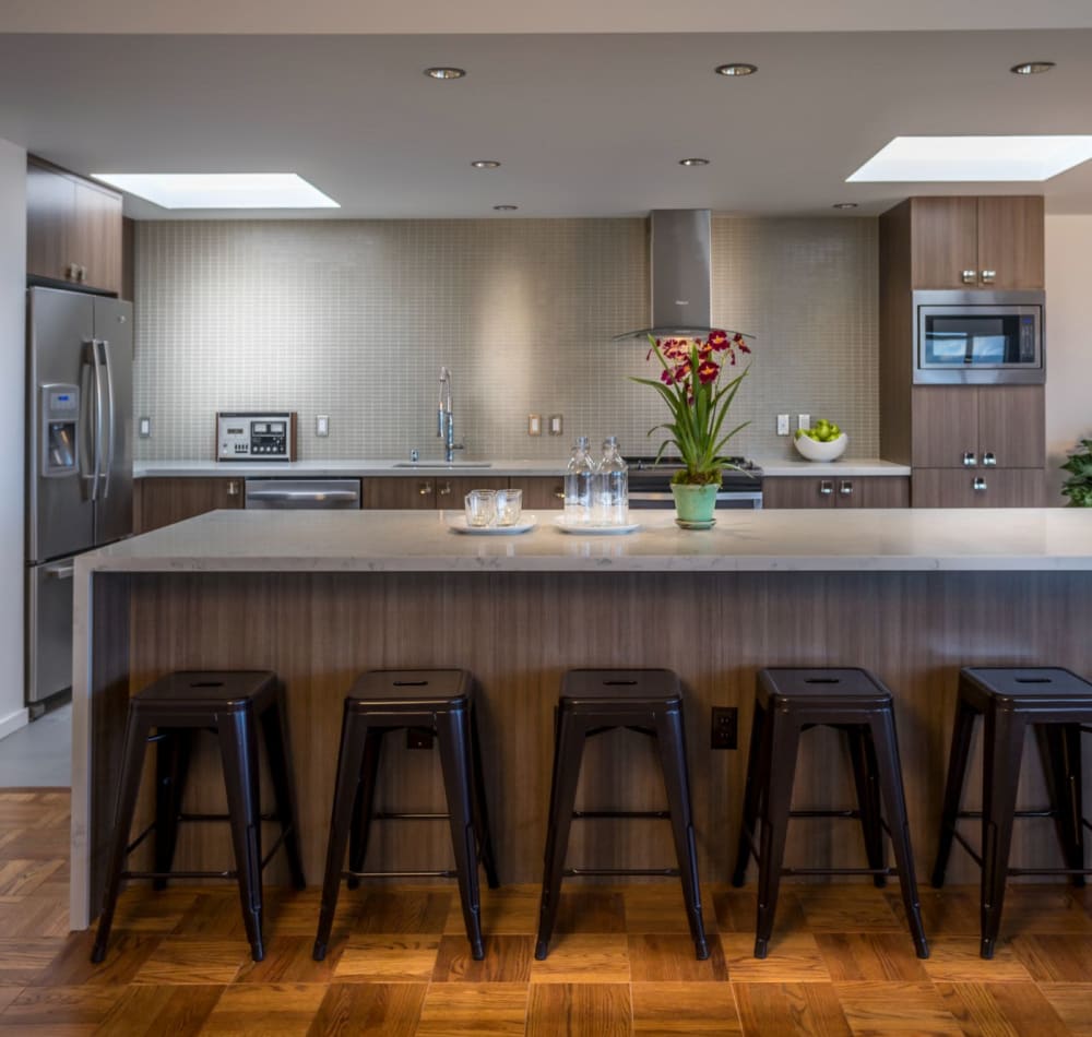 Modern kitchen with quartz countertops and rich, dark wood cabinetry in a model home at Panorama Apartments in Seattle, Washington