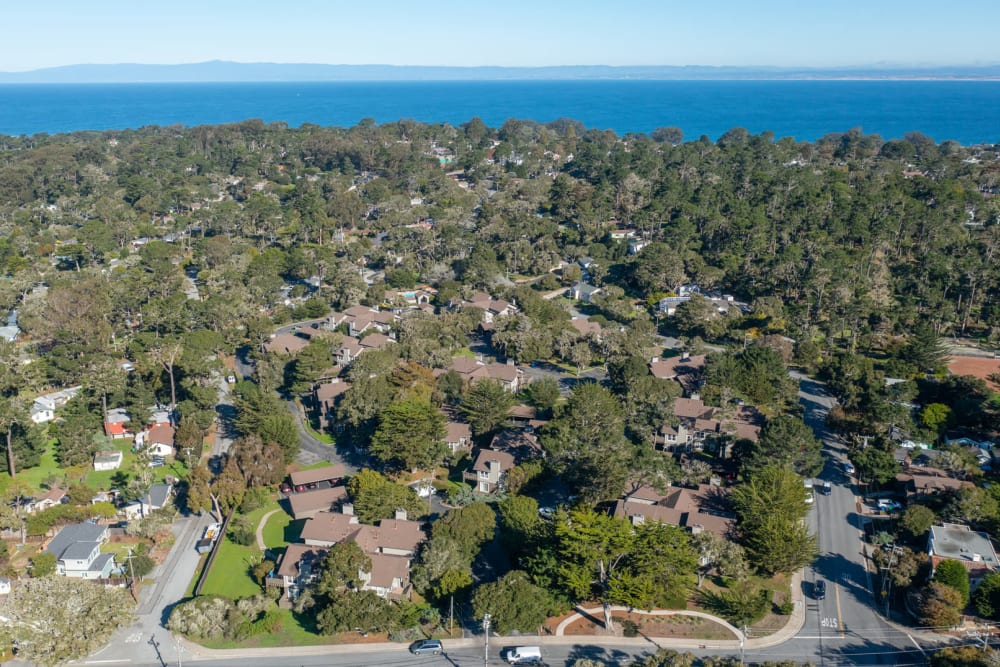 Aerial view of community with the ocean in the background
