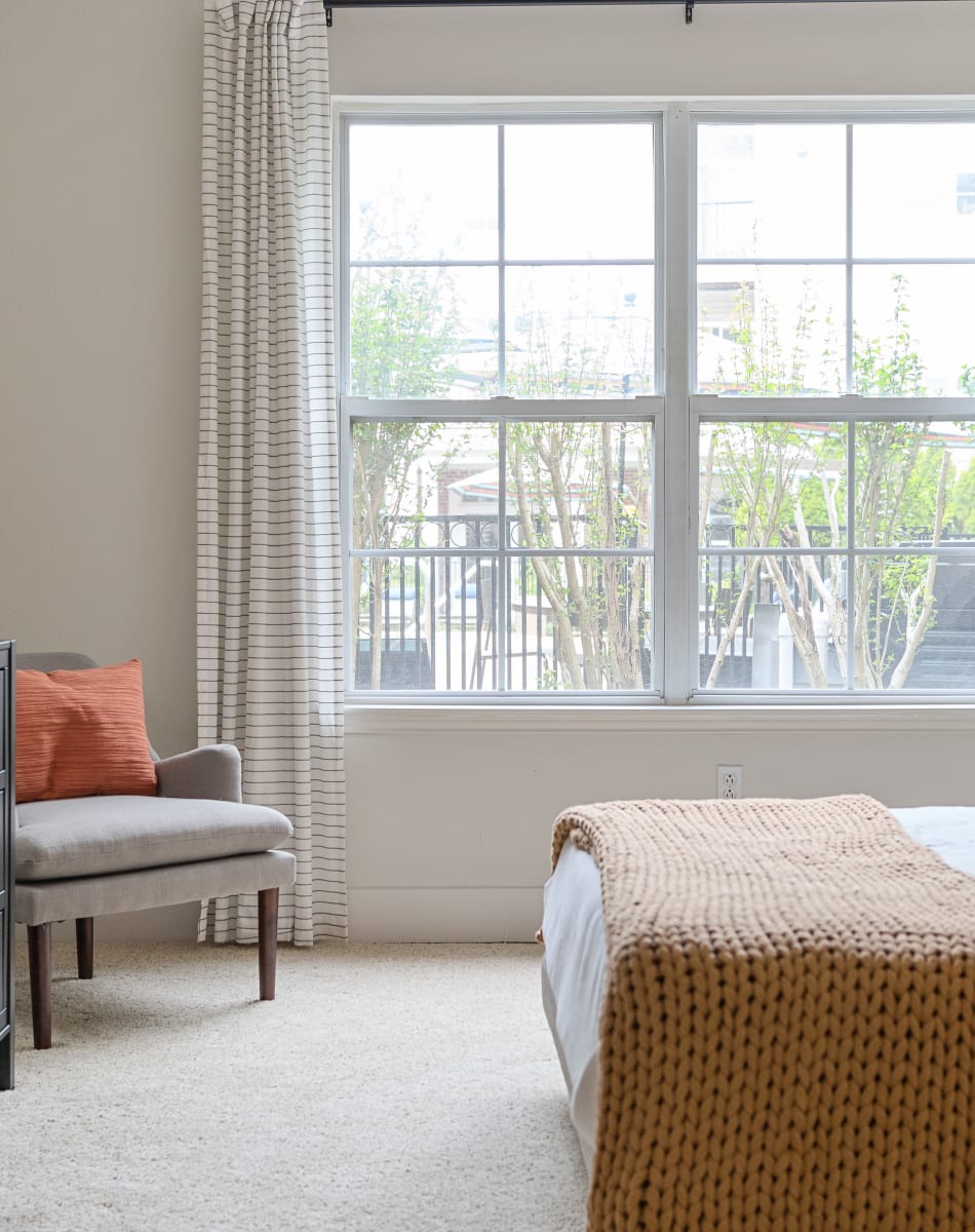 Bedroom area in a model home at Sofi Parc Grove in Stamford, Connecticut