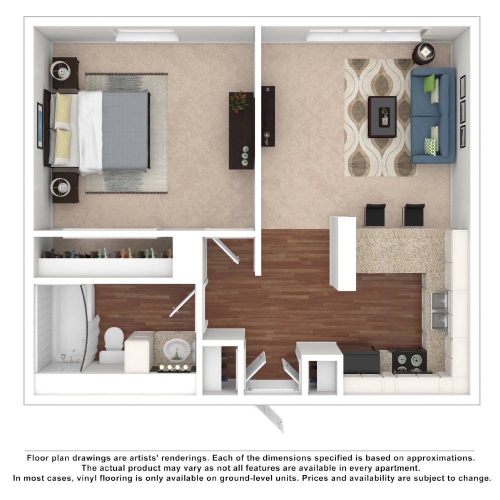 1x1 floor plan drawing at Belmont Place Apartments in Nashville, Tennessee