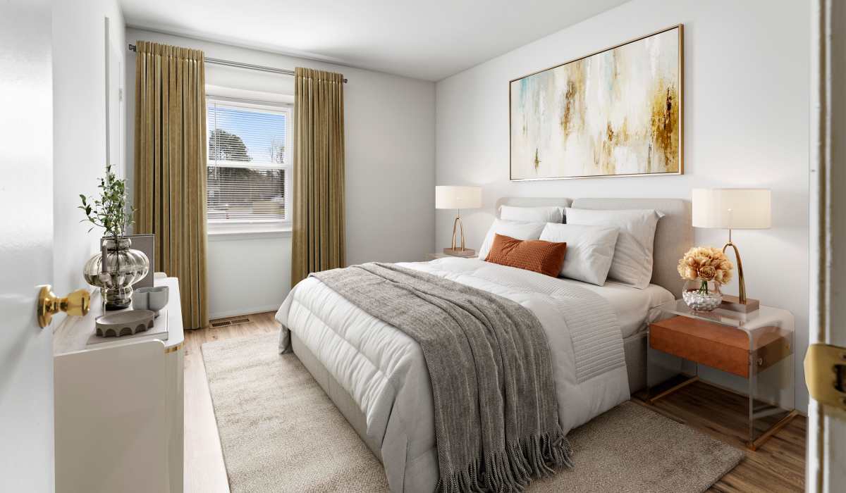 model apartment bedroom at Misty Pines Apartments in Ashland, Virginia