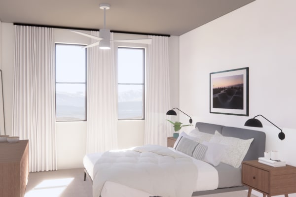 Rendering of dining room leading into the living room at The Piedmont in Tempe, Arizona