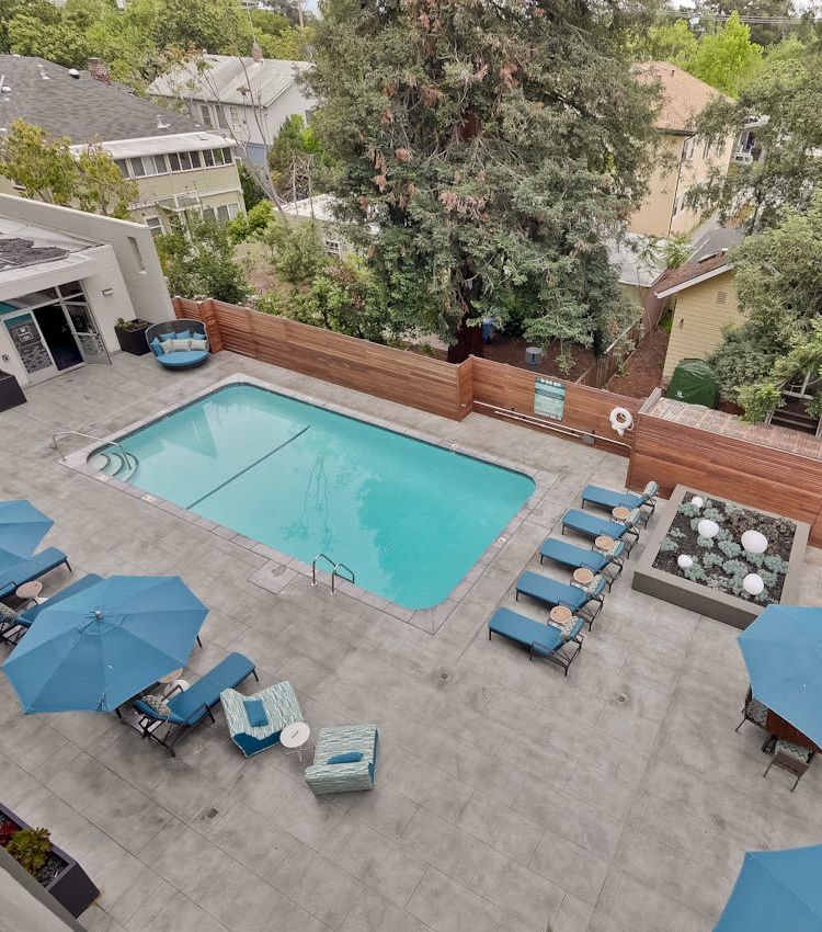 View of the swimming pool area from an upper floor at Mia in Palo Alto, California