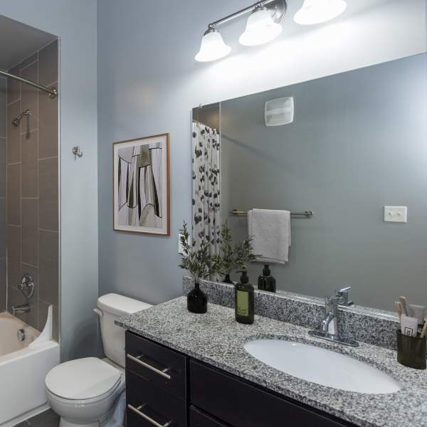 Modern bathroom with a large mirror at Scotts Edge, Richmond, Virginia