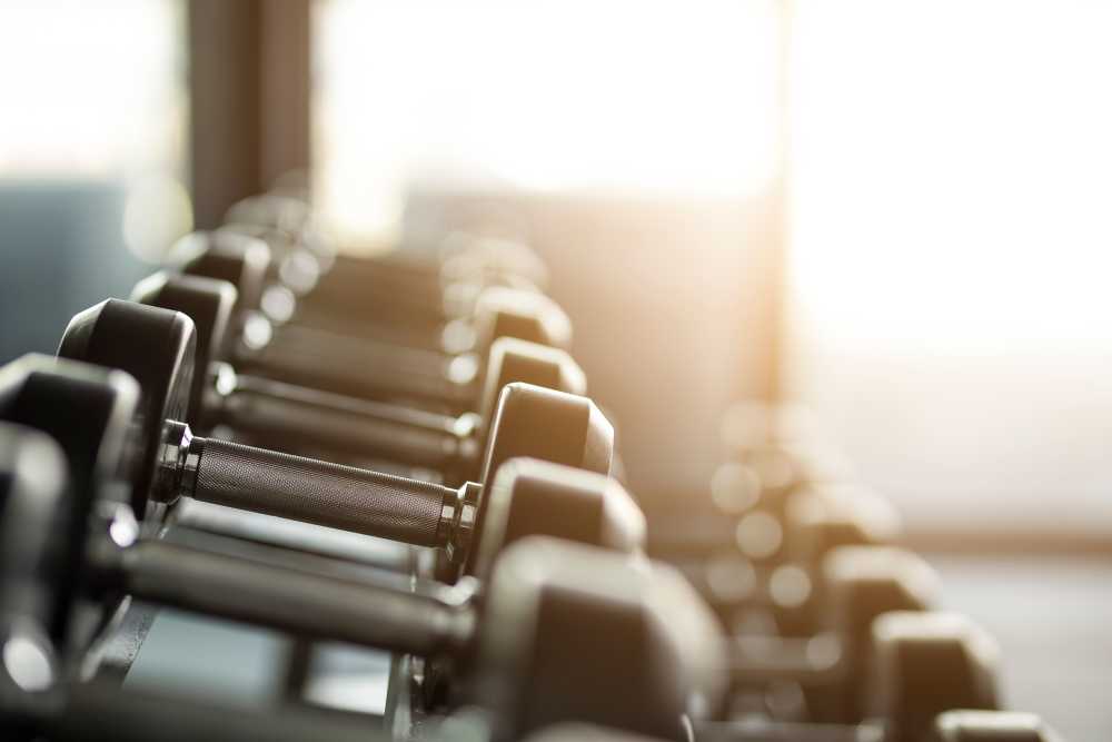 A rack of weights in the fitness center at Arbors at Cahaba River in Birmingham, Alabama