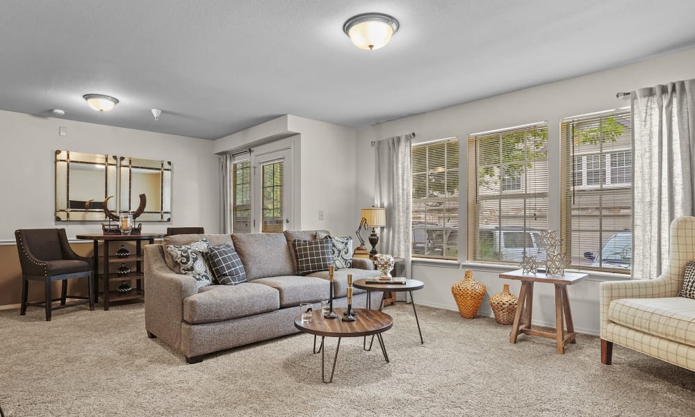 Spacious living room at Villas of Waterford Apartments in Wichita, Kansas