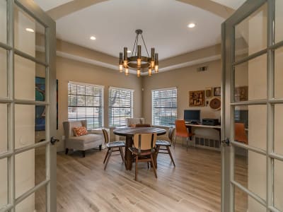 Cozy model living room at San Miguel del Bosque in Albuquerque, New Mexico