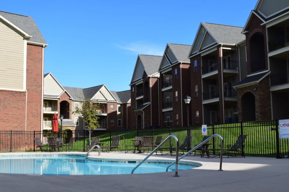Apartments overlooking the swimming pool at The Enclave of Hardin Valley in Knoxville, Tennessee