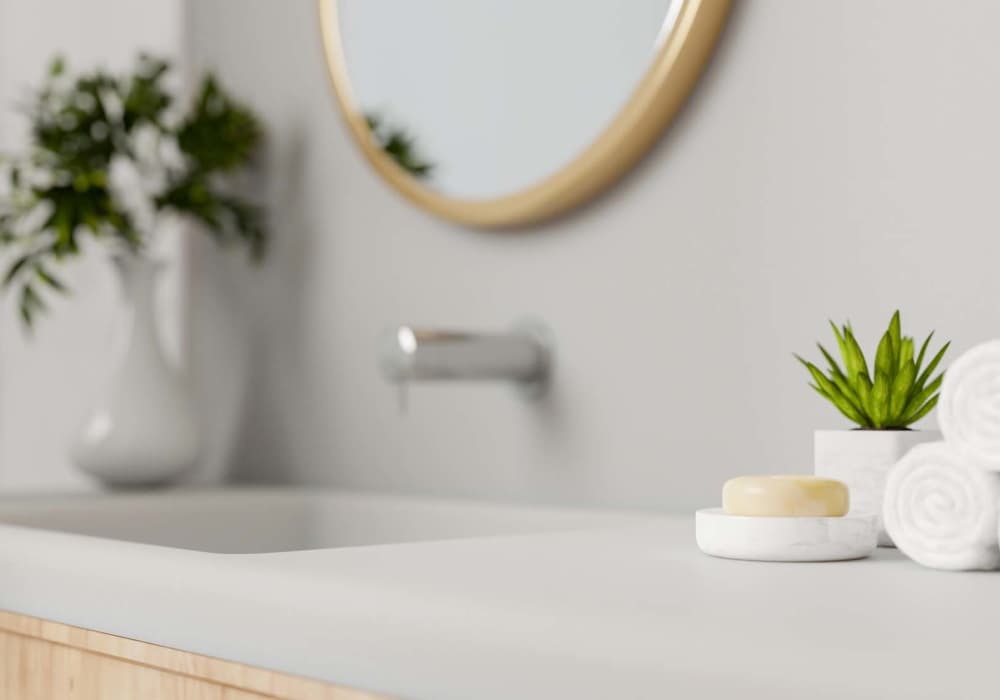 Bathroom with vanity unit at Silo Creek Apartments in Lafayette, Louisiana