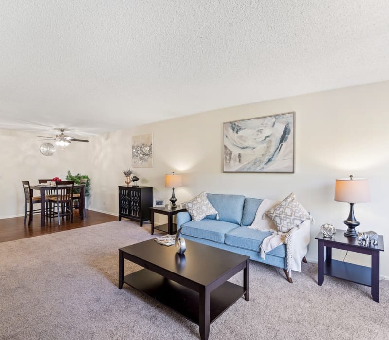 Spacious carpeted living room area at The Esplanade in Lake Balboa, California