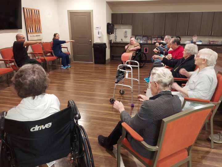 tay active and engaged at The Landing at Watermere Frisco! Residents enjoy fun and accessible wellness programs, including group exercise classes designed to support mobility, strength, and overall well-being in a welcoming community setting.