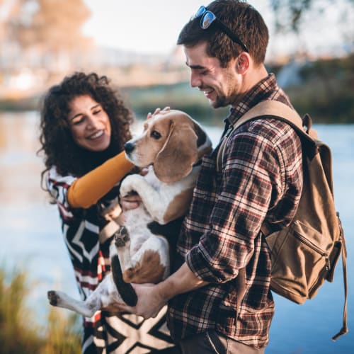 Residents and a dog outside near Madigan in Joint Base Lewis McChord, Washington