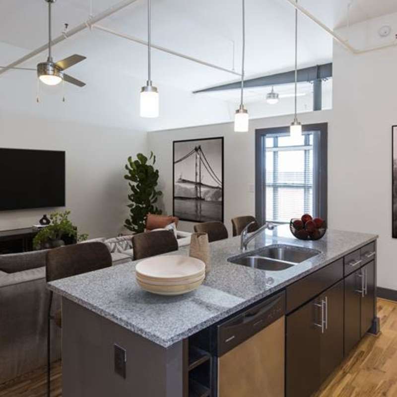 A kitchen and living room at Scotts Edge, Richmond, Virginia