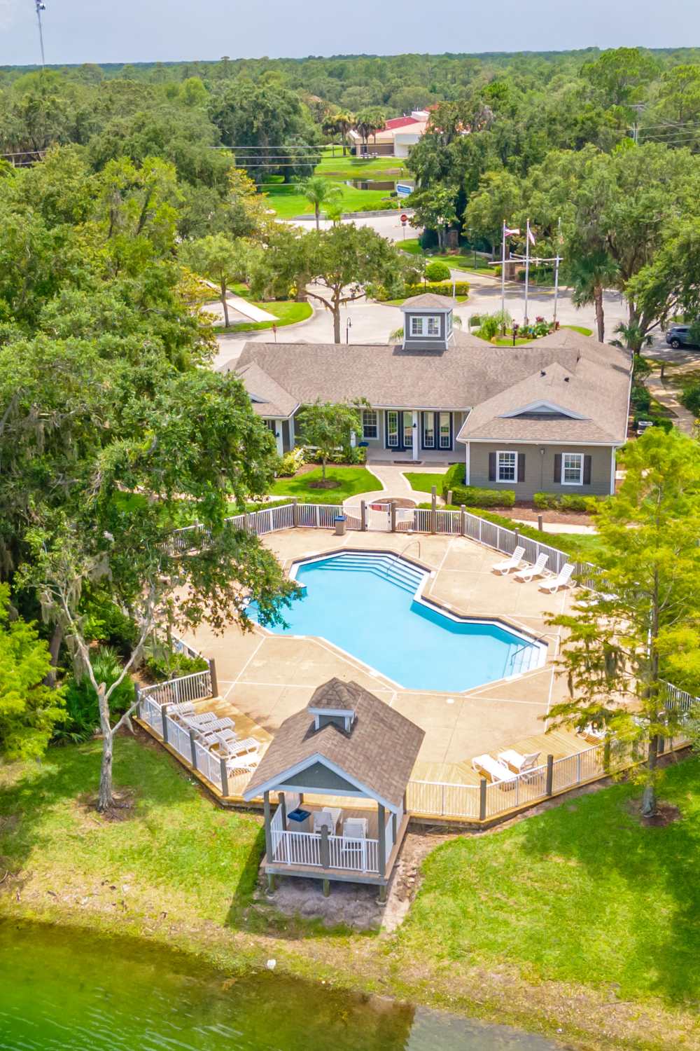 Aerial view of the  community at Newport Sound Apartments in New Smyrna Beach, Florida