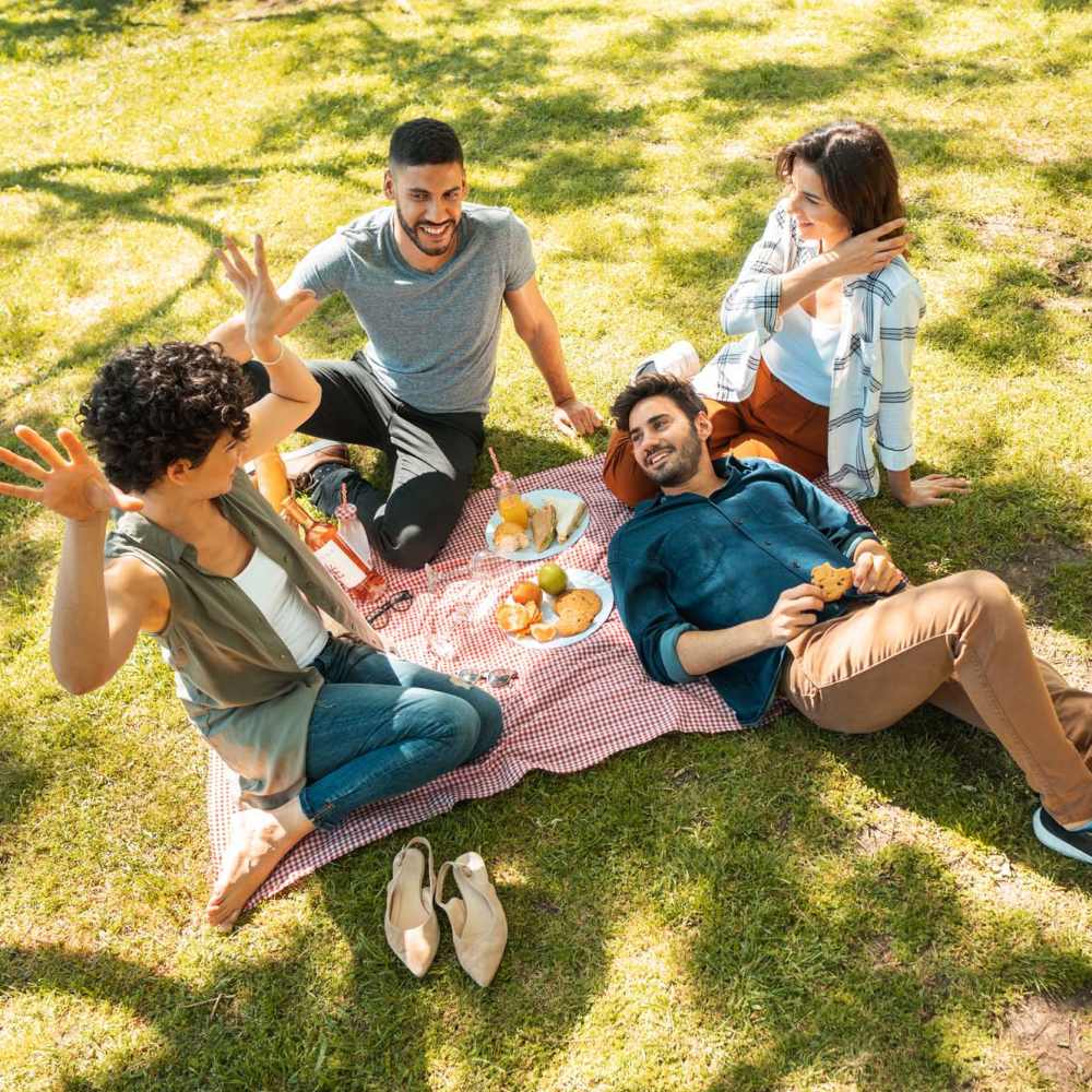 Group sitting on blanket with food at Avia Lofts at Maple Road in Amherst, New York