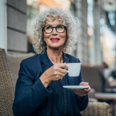 Resident having coffee near The Carlyle in Santa Clara, California