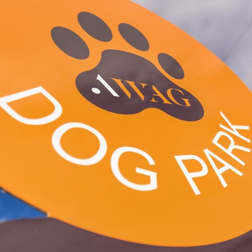 Up close photo of dog Park signage of Pointe at River City, Richmond, Virginia