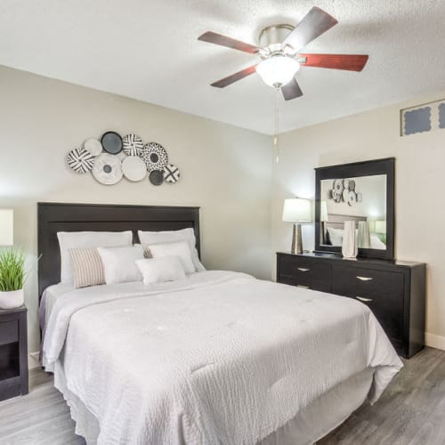 Apartment bedroom with a fan at Wyandotte in Las Vegas, Nevada