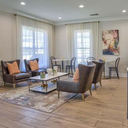 Lobby area with blue accents Avonlea Westside in Atlanta, Georgia