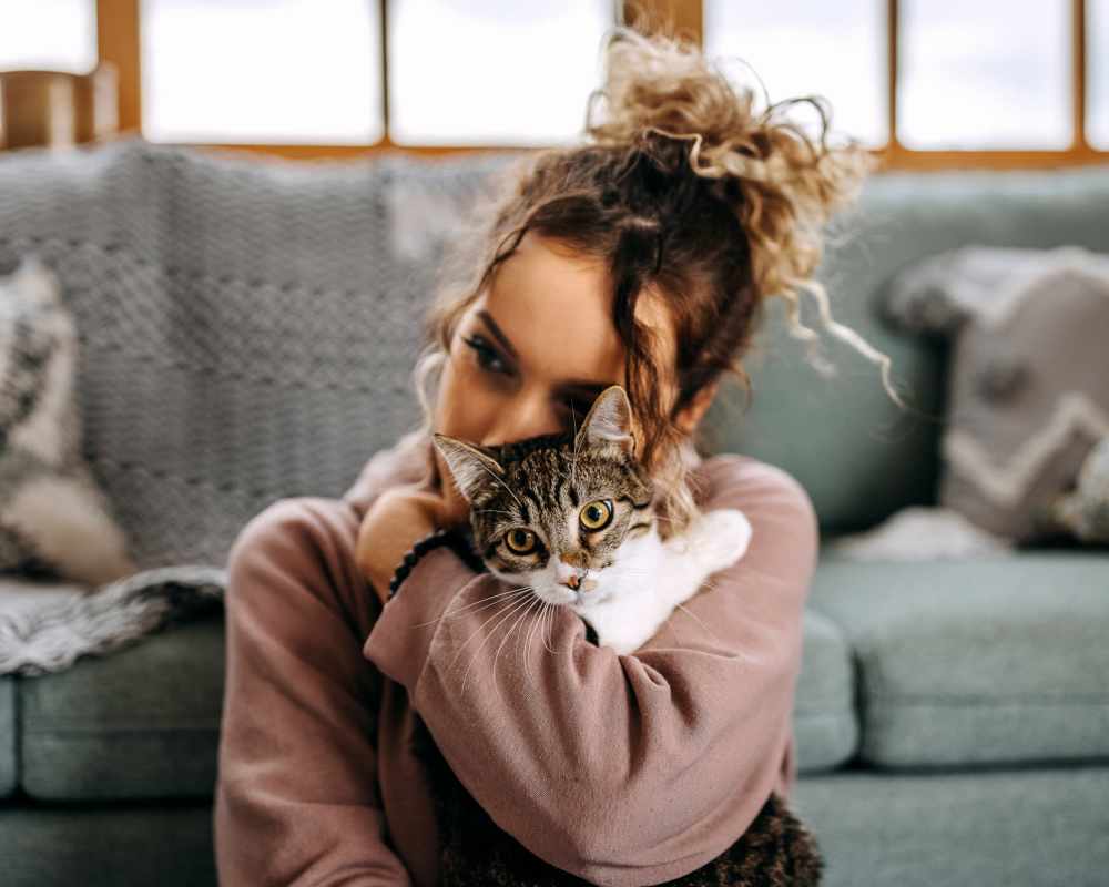 Resident with her cat in their apartment home at Oaks Pentagon Village in Edina, Minnesota