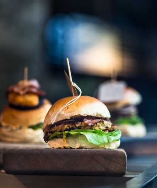 Burgers on a table in the restaurant near Hobbs Greene in Wheeling, West Virginia