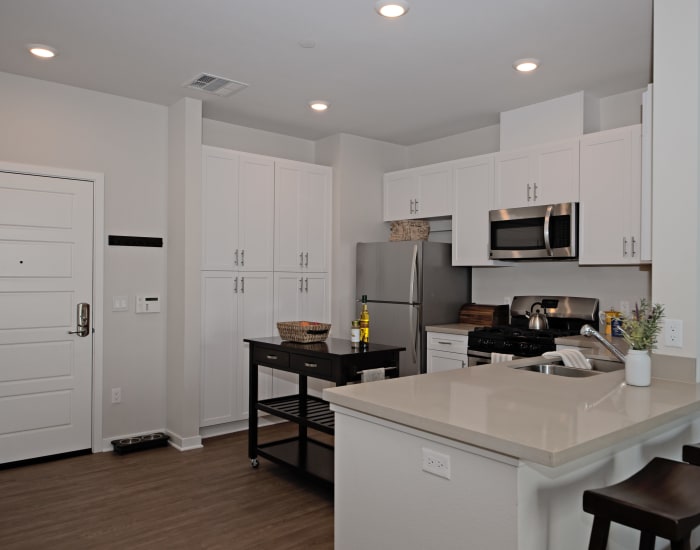 Modern, gourmet kitchen with stainless appliances in model home at IMT Sherman Circle in Van Nuys, CA