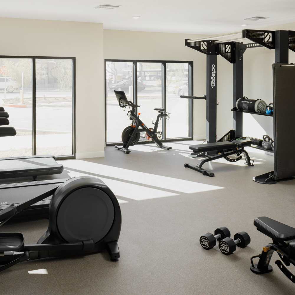 Fitness room with large windows and natural light, featuring cardio and strength equipment at WaterWalk Phoenix - North Happy Valley in Phoenix, Arizona