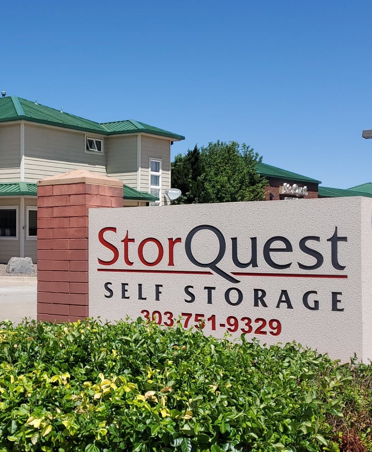 The exterior of the main entrance at StorQuest Self Storage in Aurora, Colorado