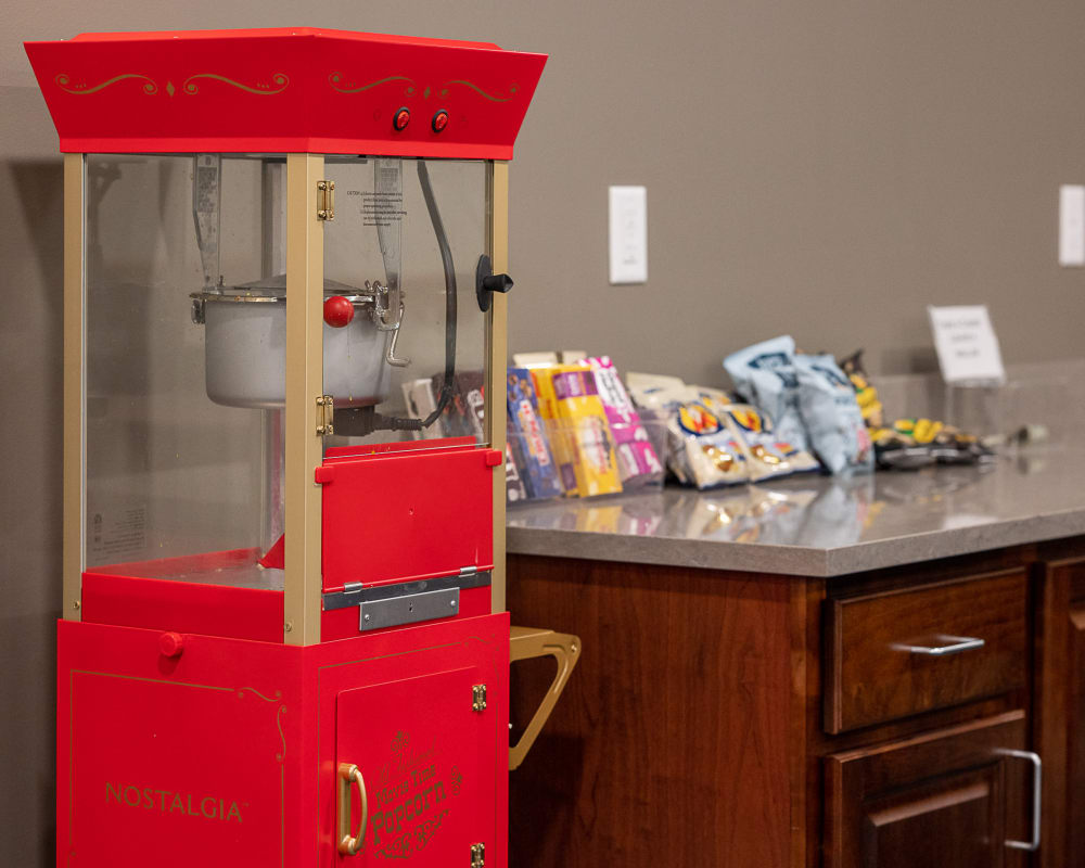 Popcorn machine and snacks at The Pillars of Hermantown in Hermantown, Minnesota