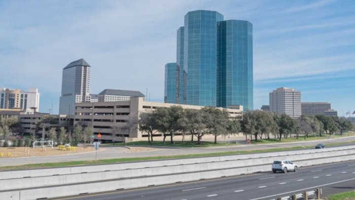 The Heritage District skyline from Olympus Las Colinas in Irving, Texas