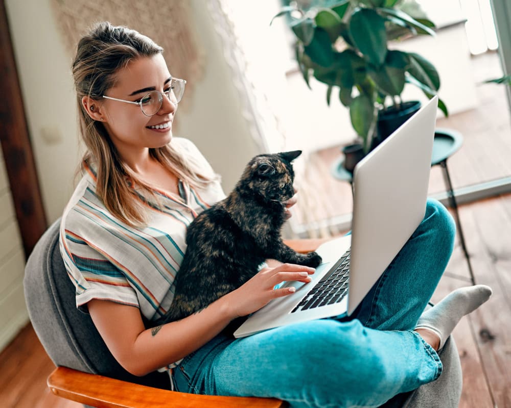 Resident getting some help from her cat while working on a laptop in their apartment at Oaks Lincoln Apartments & Townhomes in Edina, Minnesota