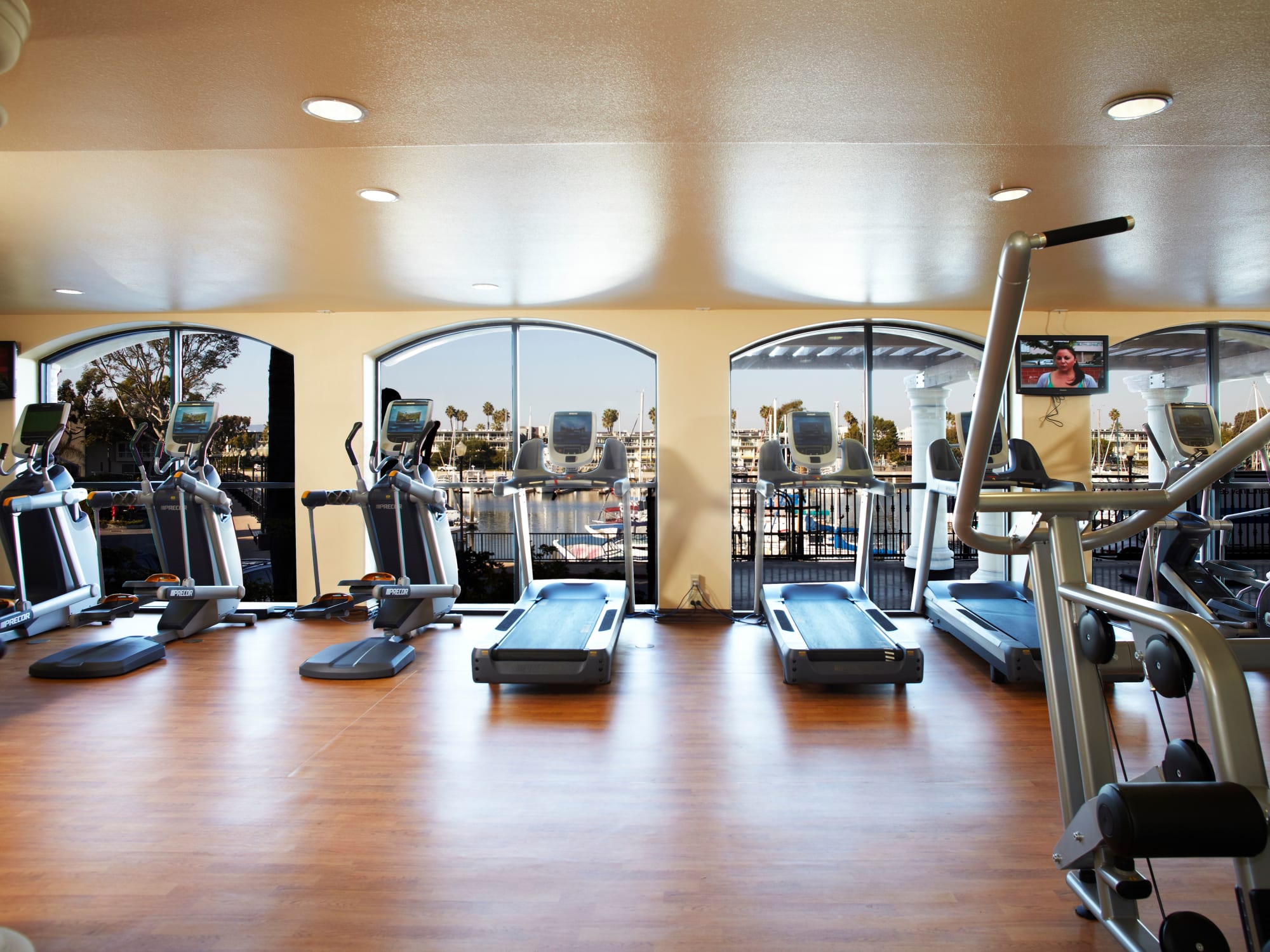 Resident fitness center at The Tides at Marina Harbor in Marina del Rey, California