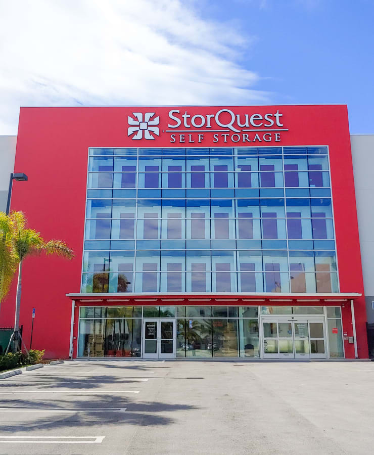 The exterior of the main entrance at StorQuest Self Storage in North Miami Beach, Florida