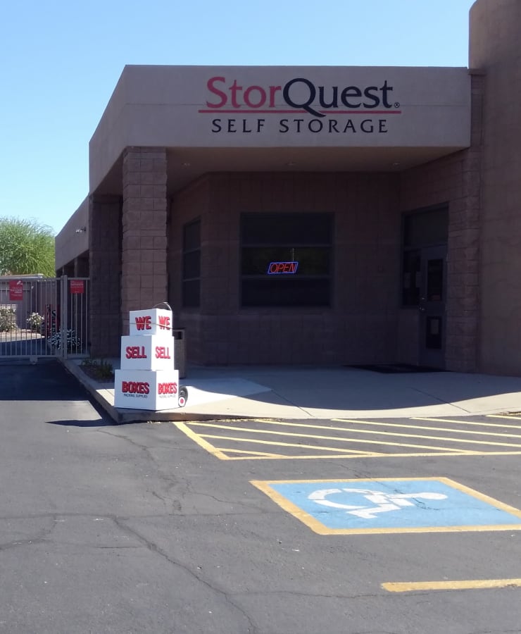 The exterior of the main entrance at StorQuest Self Storage in Glendale, Arizona
