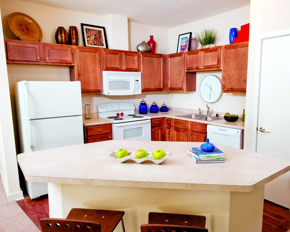 Kitchen with bright accents at The Preserve in New Orleans, Louisiana