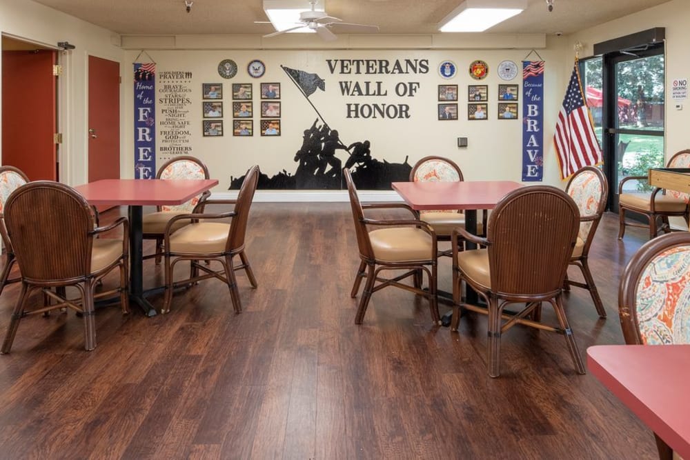 Activity Center with Veterans wall at Campus Commons Senior Living in Sacramento, California