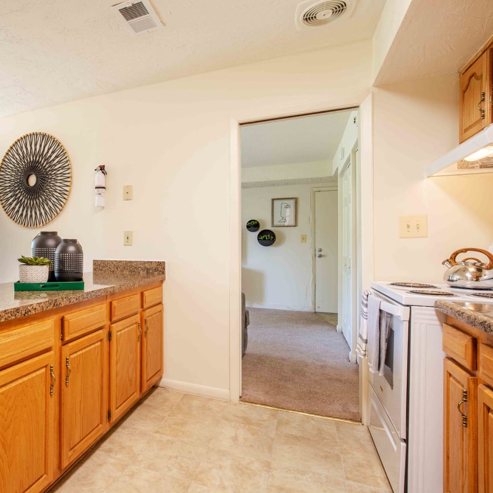Kitchen with white appliances at Morningside Apartments & Townhomes in Owings Mills, Maryland