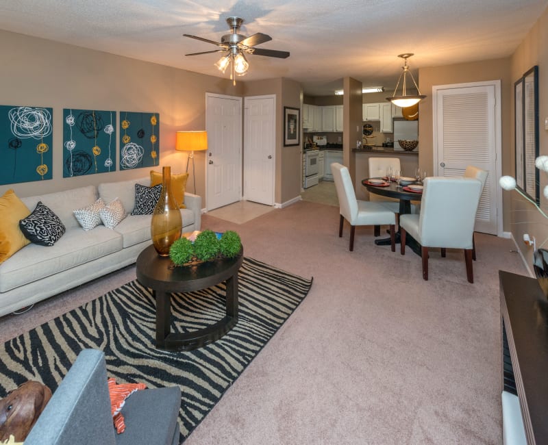 Well-furnished living area with plush carpeting and a ceiling fan in a model home at Bellingham Apartment Homes in Marietta, Georgia