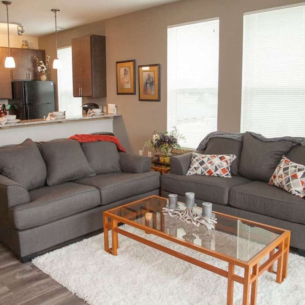 Couch in the living room at Hoff Mall and Hoff Apartments in Mount Horeb, Wisconsin