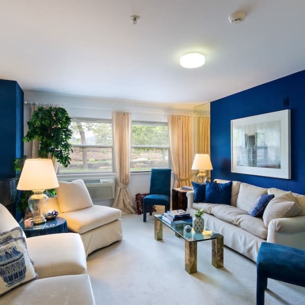 Living room with blue accents Healdsburg, A Pacifica Senior Living Community in Healdsburg, California