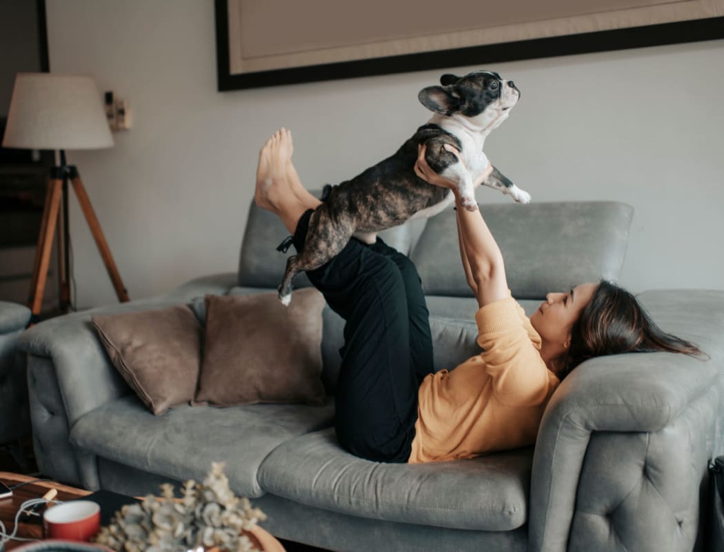 Woman holder her dog in her arms on the couch at Meridian Apartments in San Antonio, Texas