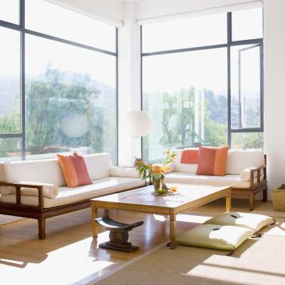 Living room with floor to ceiling window at The Garnett in Brooklyn, New York