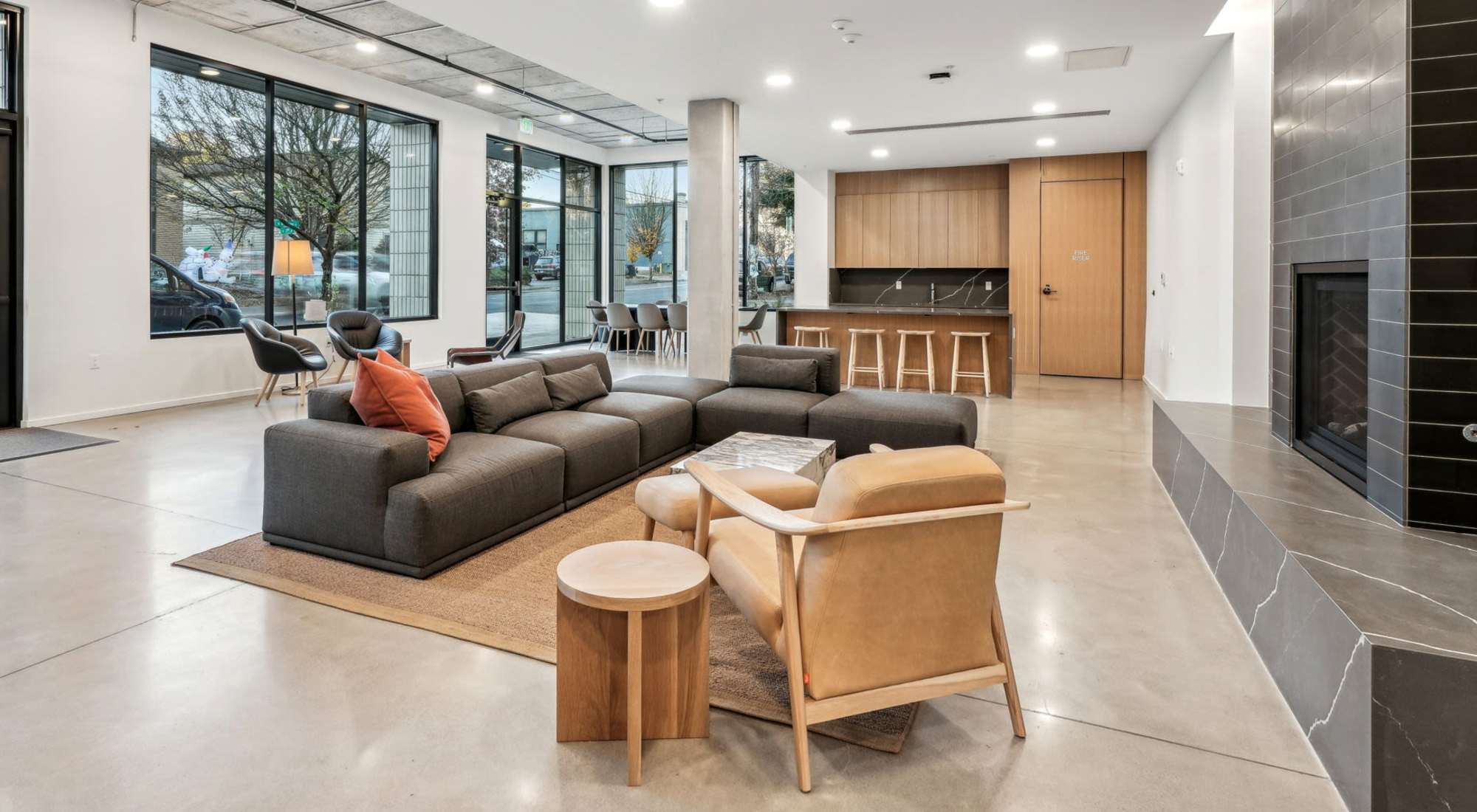 Socialize in the clubroom with fireplace at Rothko Residences in Portland, Oregon