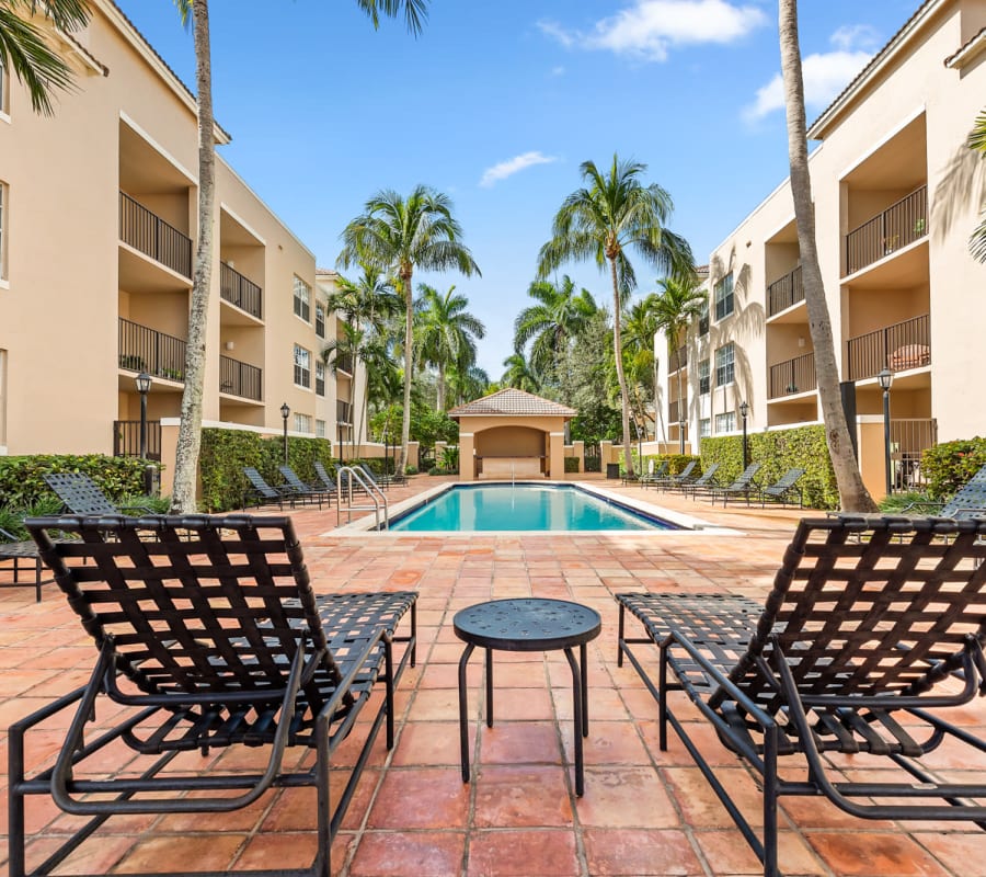 Mediterranean-style pool and gazebo at St. Tropez Apartments in Miami Lakes, Florida