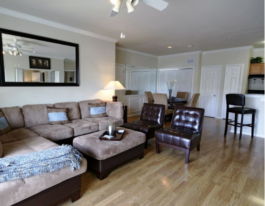 Well-decorated living area in a model home at Vail Quarters in Dallas, Texas